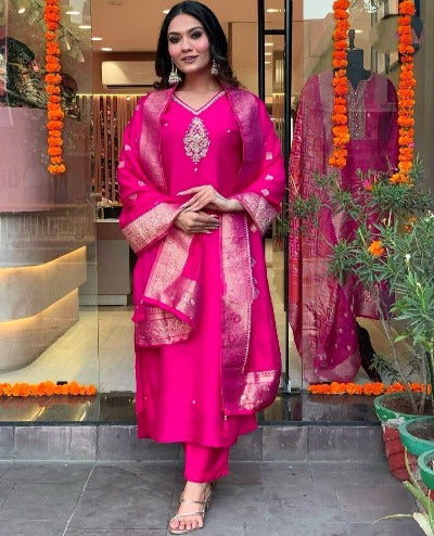 Pink Pure Chanderi Embroidery Work Salwar Suit Set
