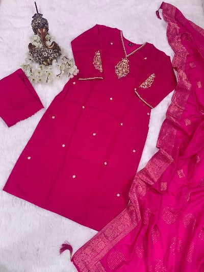 Pink Pure Chanderi Embroidery Work Salwar Suit Set