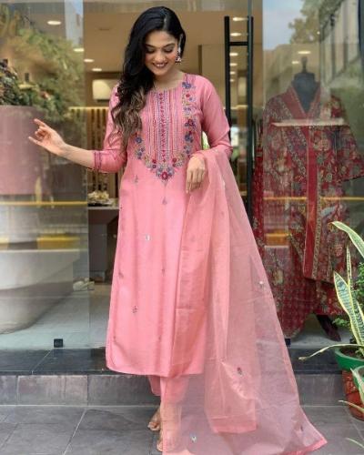 Pink Chanderi Salwar Suit With Organza Dupatta