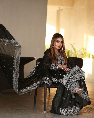 Designer Black Faux Georgette Heavy Work Gharara Suit Set