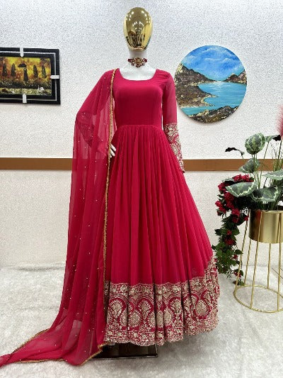 Pink Georgette Anarkali Gown With Dupatta Set Of 2