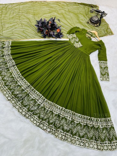 Olive Green Georgette Anarkali Gown With Dupatta Set Of 2