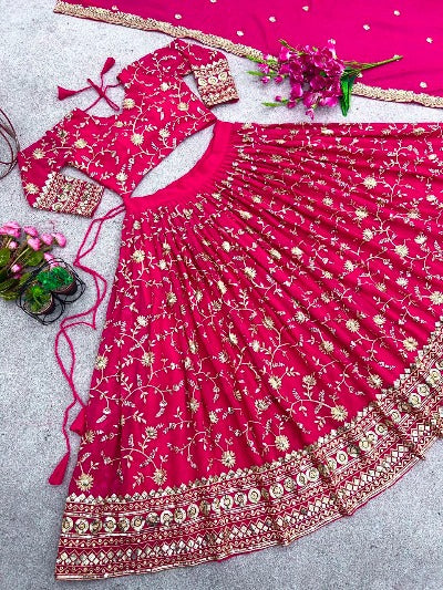 Rani Pink Georgette Embroidery Sequence Work Stitched Lehenga Choli Set