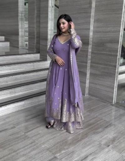 Lavender Georgette Gown Sharara Palazzo Suit Set