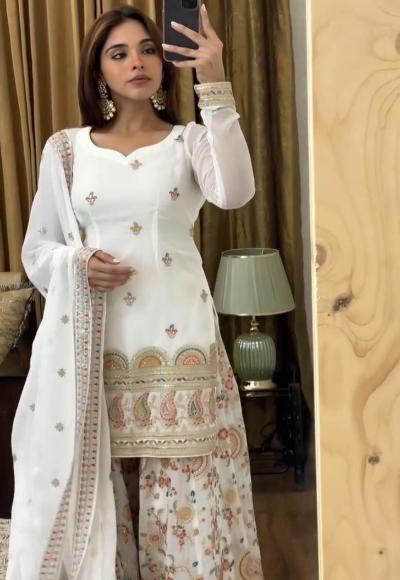 White Multicolour Thread Embroidery Sharara Palazzo Suit Set