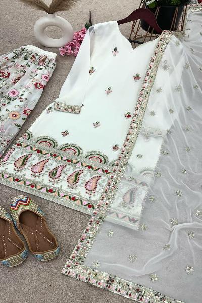 White Multicolour Thread Embroidery Sharara Palazzo Suit Set