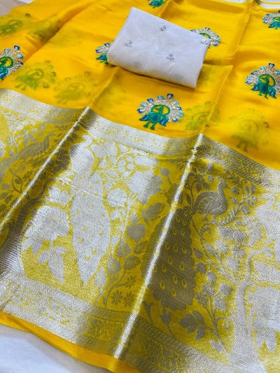 Yellow Kanchipuram Organza Saree