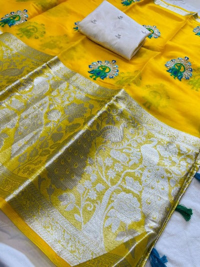 Yellow Kanchipuram Organza Saree