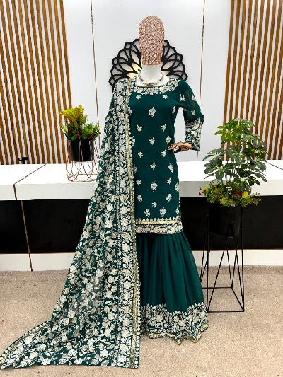 Dark Green Georgette Cotton Thread Embroidery Sharara Suit Set