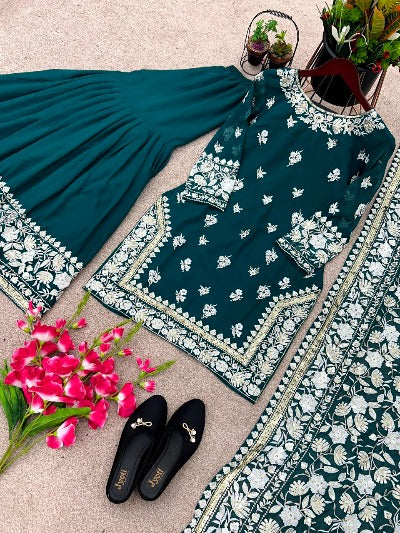 Dark Green Georgette Cotton Thread Embroidery Sharara Suit Set