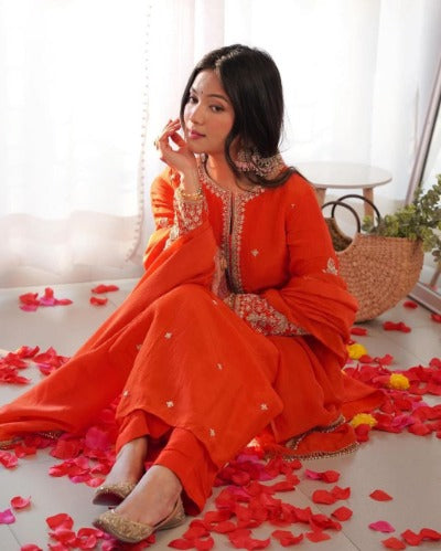 Orange Georgette Partywear Embroidered Salwar Suit Set