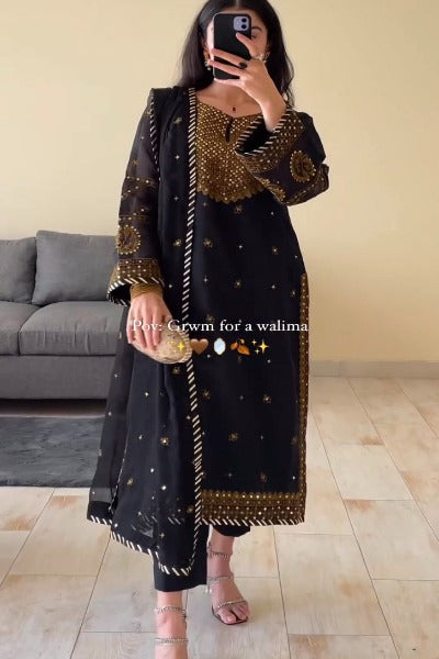 Black With Heavy Golden Work Georgette Salwar Suit Set