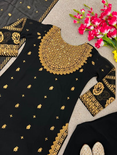 Black With Heavy Golden Work Georgette Salwar Suit Set