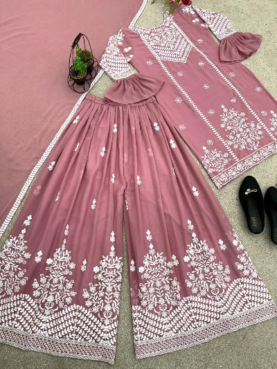 Pastel Pink Faux Georgette Embroidery Thread  Work Palazzo Suit Set