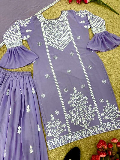 Lavender Faux Georgette Embroidery Thread  Work Palazzo Suit Set