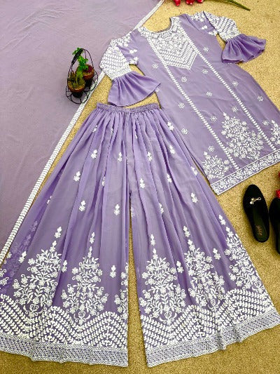 Lavender Faux Georgette Embroidery Thread  Work Palazzo Suit Set