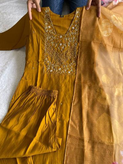 Mustard Yellow Roman Silk Salwar Suit With Chanderi Dupatta