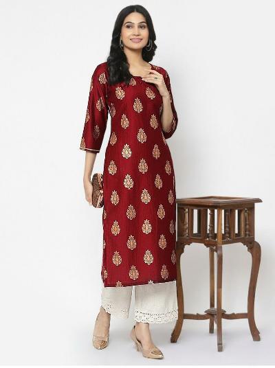 Traditional Foil Work Rayon Kurti 1pc