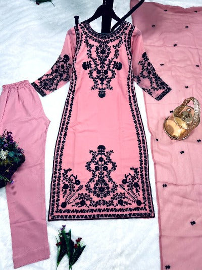 Blush Pink Georgette Black Embroidered Salwar Suit Set