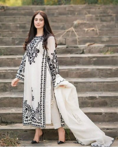 White Georgette Black Embroidered Salwar Suit Set