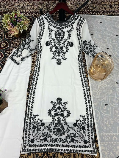White Georgette Black Embroidered Salwar Suit Set