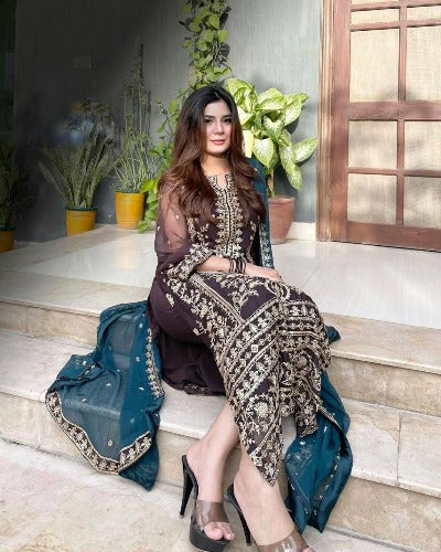 Coffee Brown Embroidery Salwar Suit With Blue Dupatta
