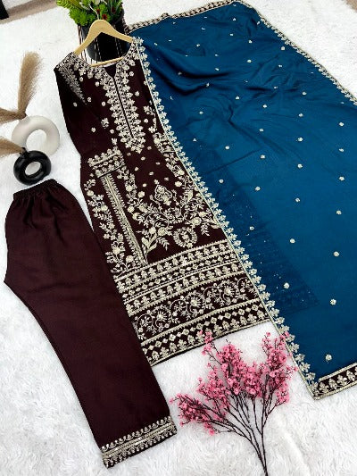 Coffee Brown Embroidery Salwar Suit With Blue Dupatta