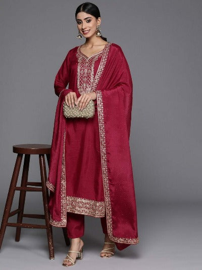 Red Elegant Vichitra Silk Salwar Suit Set