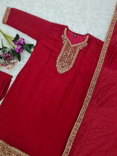 Red Elegant Vichitra Silk Salwar Suit Set
