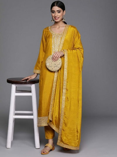Honey Yellow Vichitra Silk Salwar Suit Set