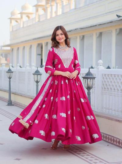 Deep Rose Pink Embroidered Sequins Anarkali Gown Dupatta Set of 2