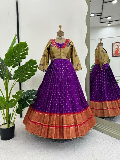 Purple Traditional Jacquard Silk Gown With Koti