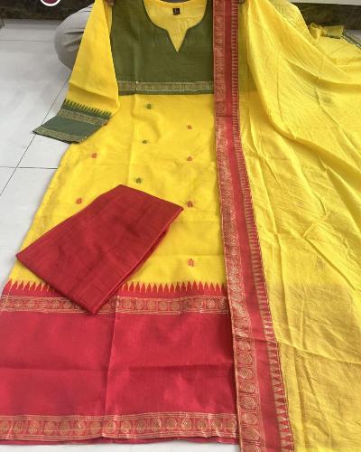 Yellow Kanchi Cotton Zari Weaving Salwar Suit Set