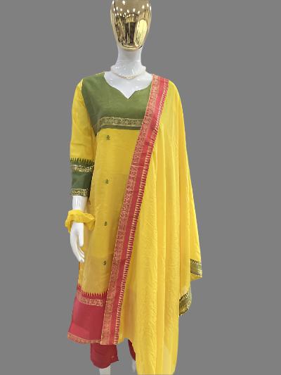 Yellow Kanchi Cotton Zari Weaving Salwar Suit Set