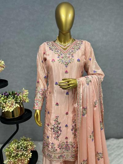 Peach Chinon Silk Embroidery Sharara Palazzo Suit Set