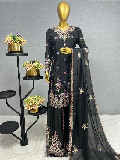 Ash Grey Chinon Silk Embroidery Sharara Palazzo Suit Set