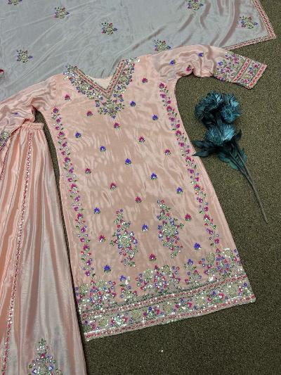 Peach Chinon Silk Embroidery Sharara Palazzo Suit Set