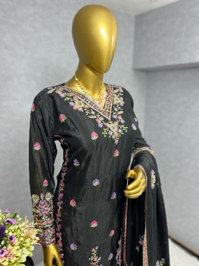 Ash Grey Chinon Silk Embroidery Sharara Palazzo Suit Set