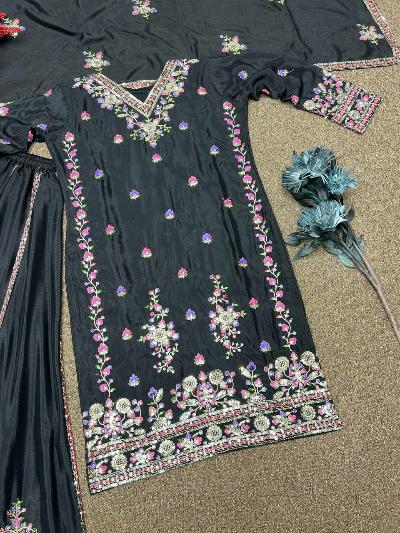 Ash Grey Chinon Silk Embroidery Sharara Palazzo Suit Set