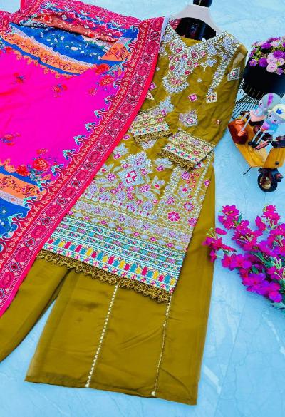 Mustard Embroidered Sharara Set With Vibrant Dupatta