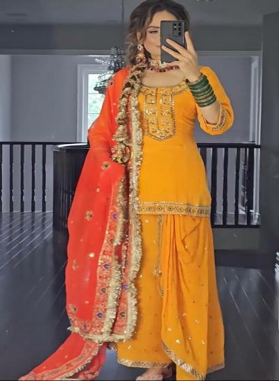 Mango Yellow Georgette Dhoti Style Punjabi Suit Set