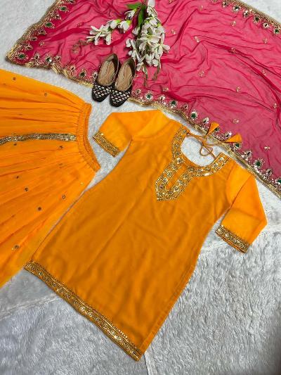 Mango Yellow Georgette Dhoti Style Punjabi Suit Set