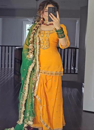 Mango Yellow Georgette Dhoti Style Punjabi Suit Set