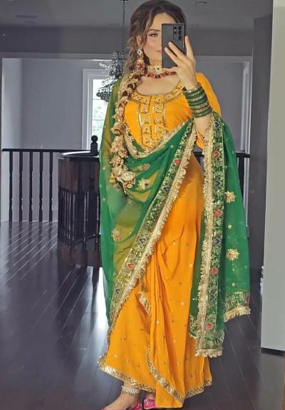 Mango Yellow Georgette Dhoti Style Punjabi Suit Set