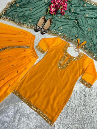 Mango Yellow Georgette Dhoti Style Punjabi Suit Set