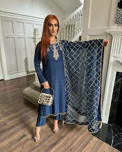 Peacock Blue Slub Silk Moti Work Salwar Suit Set