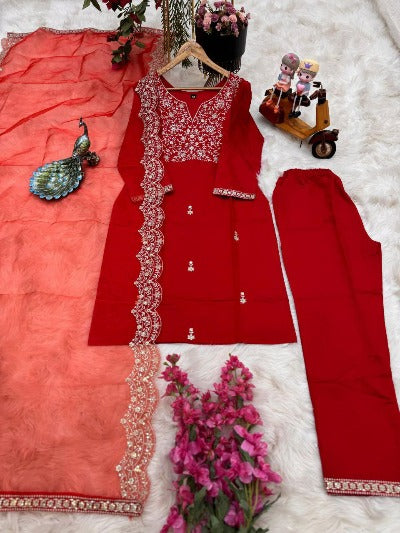 Red Cotton Embroidered Salwar Suit With Organza Dupatta