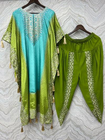 Aquatic Green Chinon Silk Kaftaan Dhoti Pant Set Of 2