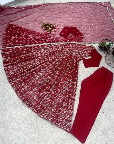 Red Designer Wedding Wear Georgette Anarkali Gown Suit Set