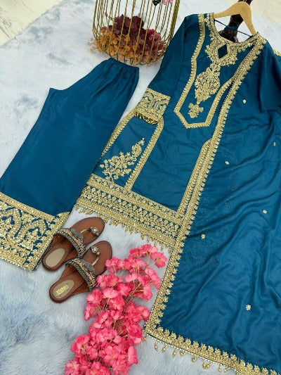 Teal Blue Chinon Silk Designer Palazzo Suit Set